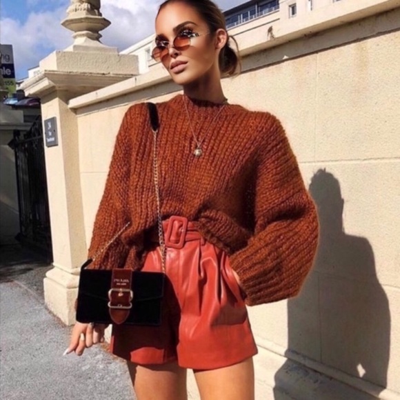 *Blogger Fav* New Zara Rust red faux leather belted shorts Size XS - Picture 3 of 10